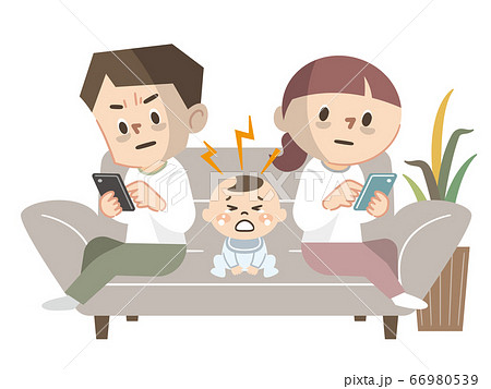 スマホに夢中で育児をしない夫婦と大泣きの赤ちゃんのイラスト素材