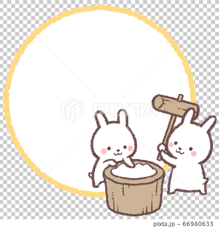 餅つきウサギと月の線画フレームのイラスト素材