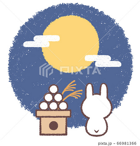 後ろ姿のウサギと月見団子と月と夜空のイラスト素材