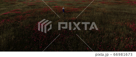 Woman walking on green grass in park 66981673