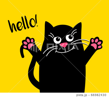 Happy Cute Cat With Text Hello Kawaii Black のイラスト素材