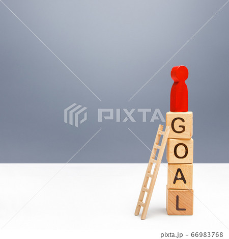 The red person climbed a tower of GOAL blocks. Developing strategy. Attracting investment and financial resources for a successful business startup. Using tools to solve problems, achieve success. The red person climbed a tower of GOAL blocks. Developing strategy. Attracting investment and financial resources for a successful business startup. Using tools to solve problems, achieve success. 66983768