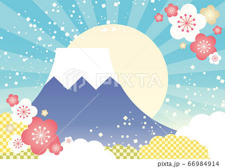 年賀状素材 かわいい富士山と初日の出の背景イラストのイラスト素材