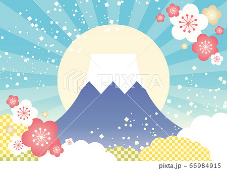 年賀状素材 かわいい富士山と初日の出の背景イラストのイラスト素材
