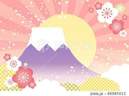 年賀状素材 かわいい富士山と初日の出の背景イラスト ピンクのイラスト素材