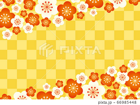 年賀状 節分素材 梅と市松模様の背景イラスト 金赤のイラスト素材