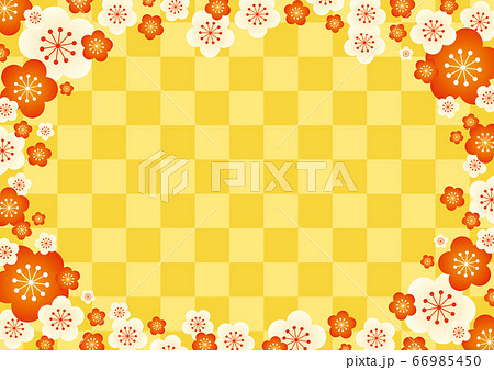 年賀状 節分素材 梅と市松模様の背景イラスト 金赤のイラスト素材