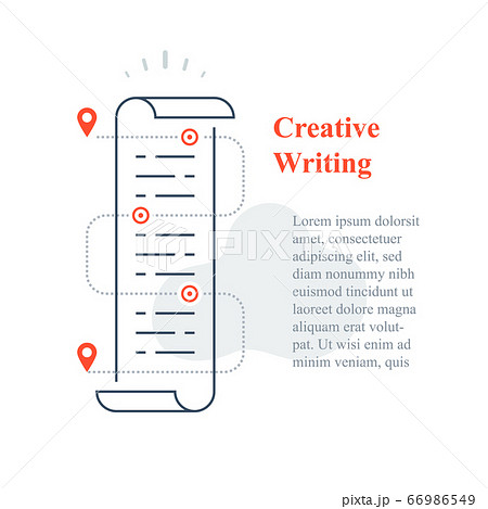 Creative writing concept, copywriting or storytelling course, paper scroll, text edit, fast reading, article content 66986549