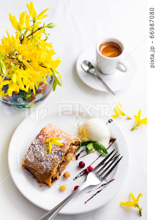 Apple strudel with vanilla ice cream and coffee, Apple strudel with vanilla ice cream and coffee, 66987080