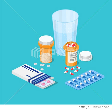 pharmacy medicine pills bottle,glass of water 66987782