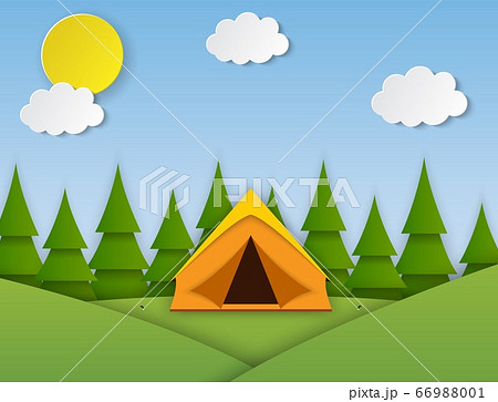 Summer camp. Landscape with yellow tent, 66988001