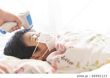 非接触式体温計で検温される男の子 非接触式体温計で検温される男の子 66992123