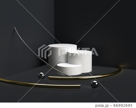 3d render empty white cylinder stand with silver ,golden ring and metal ball on dark background. 66992695