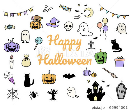 ハロウィーンの手書きのイラストのセット かわいい 秋のイラスト素材 66994001 Pixta