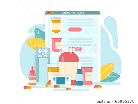 Online Pharmacy. Vector Illustration Of Different Pills And Supplements And Digital Tablet 66995270