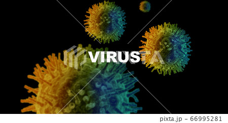 Viral disease outbreak. Floating pathogen cells and word VIRUS on black background, 3D illustration 66995281