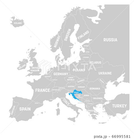 Croatia marked by blue in grey political map of Europe. Vector illustration Croatia marked by blue in grey political map of Europe. Vector illustration 66995581