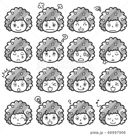 表情セット アフロの顔 モノクロのイラスト素材