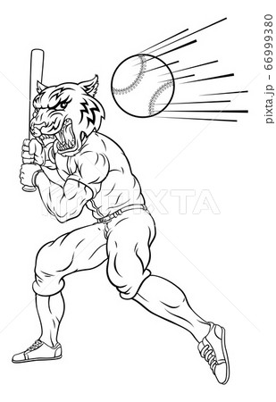 Tiger Baseball Player Mascot Swinging Bat at Ball Tiger Baseball Player Mascot Swinging Bat at Ball 66999380