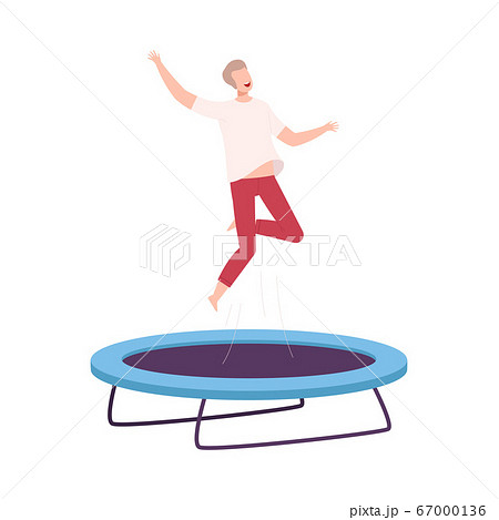 Happy Young Man Jumpig on Garden Trampoline, Fun and Leisure, Active Healthy Lifestyle Flat Style Vector Illustration Happy Young Man Jumpig on Garden Trampoline, Fun and Leisure, Active Healthy Lifestyle Flat Style Vector Illustration 67000136
