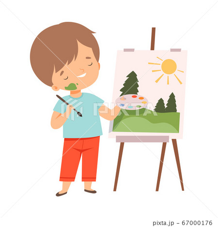 Cute Boy Painting Picture on Easel, Kids Hobby or Creative Activity Cartoon Vector Illustration 67000176