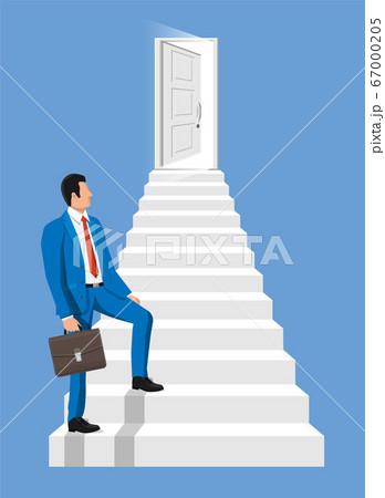 Businessmen walk up stairs to the door. 67000205