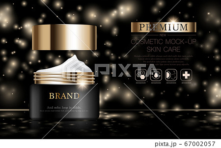 Hydrating facial cream for annual sale or festival sale. Black and gold cream mask bottle isolated on glitter particles background. Graceful cosmetic ads, illustration. 67002057
