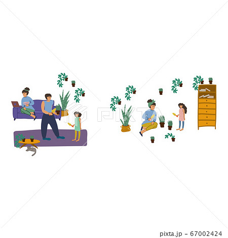 Hand-drawn set of illustrations, teach your daughter household chores. A set of people in a home environment to do things at home. Home schooling. Sit at home. Vector illustration 67002424