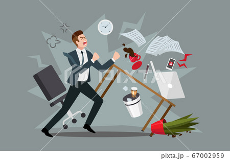 Stress at workplace. Furious businessman experiencing nervous breakdown or professional burnout at office, throwing furniture and yelling, vector illustration in flat style 67002959