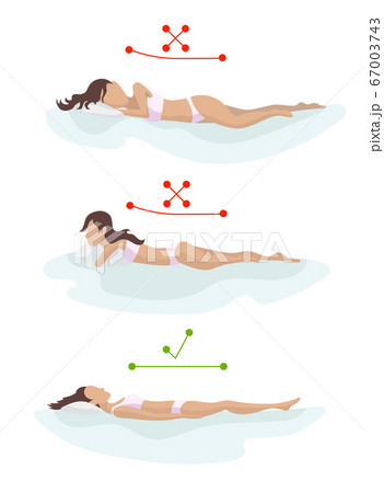 Correct and incorrect sleeping body posture. Position spine in various mattresses. Orthopedic mattress and pillow. Caring for health of back, neck. Comparative illustration. Healthy sleeping position 67003743