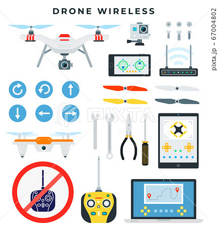 Drone with wireless control. Quadcopter and all necessary accessories and tools for assembly and repair. Drone details. Flat vector illustration. Drone with wireless control. Quadcopter and all necessary accessories and tools for assembly and repair. Drone details. Flat vector illustration. 67004802
