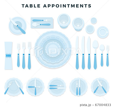 Table appointments. Cutlery set: forks, knives, spoons, plates, napkin, glasses, cup, saucer. Vector illustration. 67004833