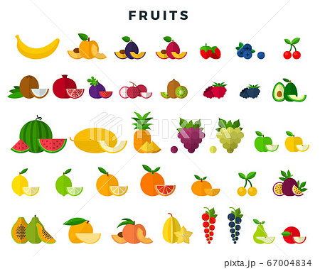 Big set of fruits and berries, whole and slices. Fruit icons collection. Vector illustration in flat style. 67004834