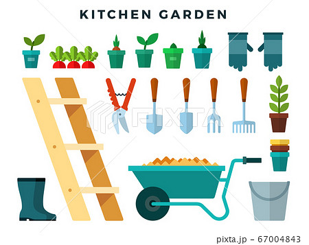Tools and equipment for working in the kitchen garden, flat icons set. Vector illustration in flat style. Tools and equipment for working in the kitchen garden, flat icons set. Vector illustration in flat style. 67004843