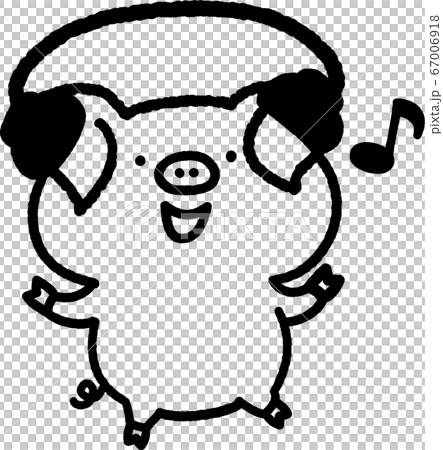 ヘッドホンで音楽を聞くブタのキャラクターのイラスト素材 ヘッドホンで音楽を聞くブタのキャラクターのイラスト素材