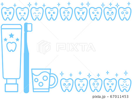 歯磨きセットと表情のある歯のシンプルなフレームのイラスト素材