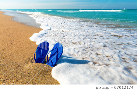 Sandals in the sand on a tropical beach Sandals in the sand on a tropical beach 67012174