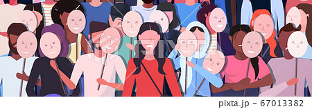 people crowd holding positive masks men women group covering face emotions behind masks depression 67013382