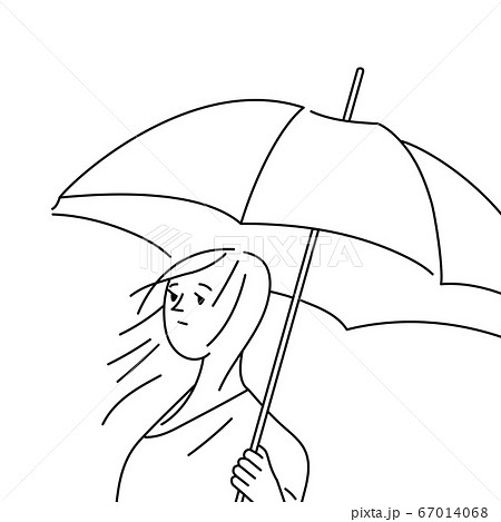 悲しげな表情で傘をさす若い女性の線画イラストのイラスト素材