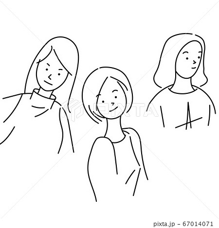 オフィスで楽しく働く若い女性3人の線画イラストのイラスト素材
