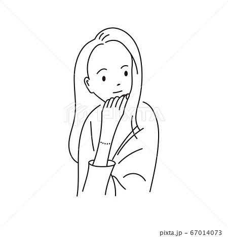 ほおづえで微笑む若い女性の線画イラストのイラスト素材