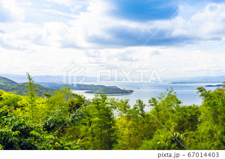 Beautiful scenery views of nature with a large reservoir above the Srinagarind Dam at Rai Ya Yam in Si Sawat District, Kanchanaburi Thailand. 67014403