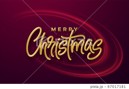 Realistic shiny 3D golden inscription Merry Christmas on a background with red bright waves. Vector illustration Realistic shiny 3D golden inscription Merry Christmas on a background with red bright waves. Vector illustration 67017181