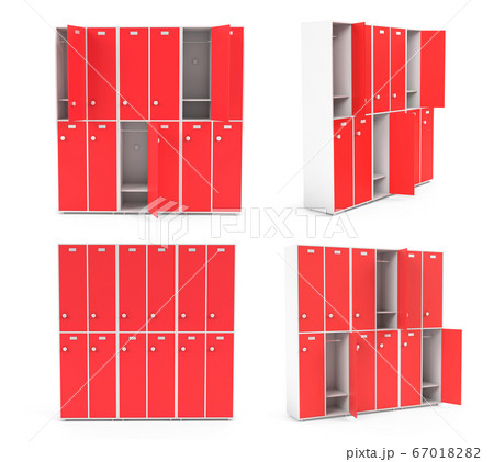 Red lockers for schoool or gym. Set of closed and open sections 67018282