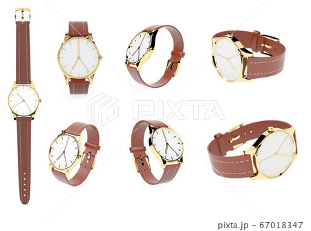 Wrist watch. White dial with golden case and brown leather bracelet 67018347