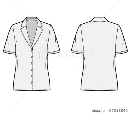 Pajama style blouse technical fashion illustration with retro camp collar, short sleeves, loose fit body. 67018846