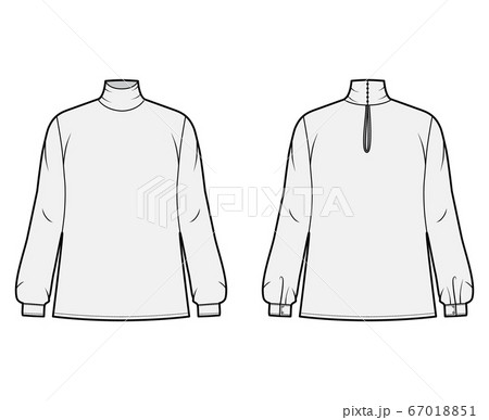 Turtleneck blouse technical fashion illustration with long sleeves and cuff, oversized, button fastening keyhole at back Turtleneck blouse technical fashion illustration with long sleeves and cuff, oversized, button fastening keyhole at back 67018851