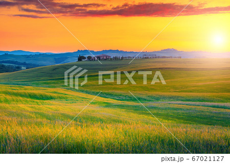 Amazing Tuscany landscape with colorful sunset and grain fields, Italy 67021127