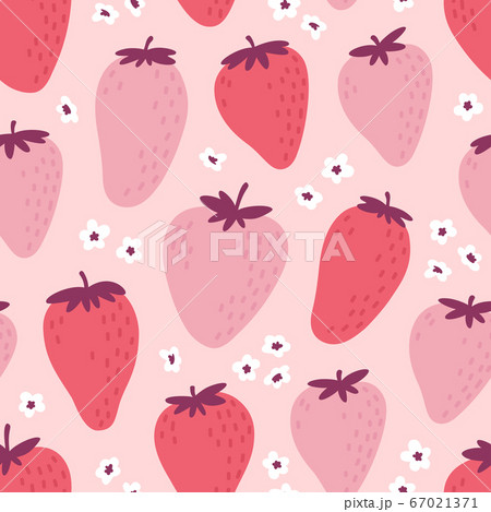 Cute seamless pattern with pink strawberries. Natural summer print with berry, fresh fruits and flowers in hand drawn style. Colorful vector strawberry background. 67021371