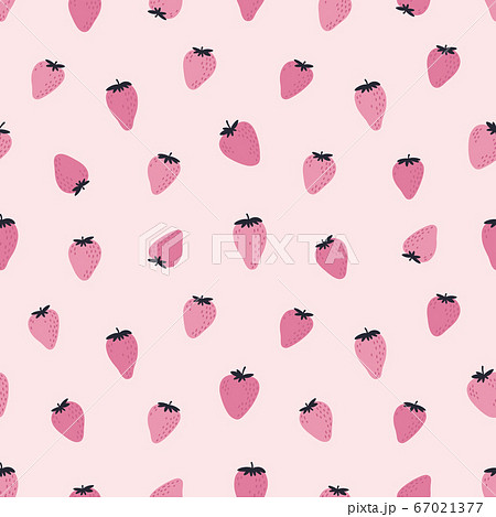 Cute seamless pattern with pink strawberries. Natural summer print with berry, fresh fruits in hand drawn style. Colorful vector strawberry background. 67021377